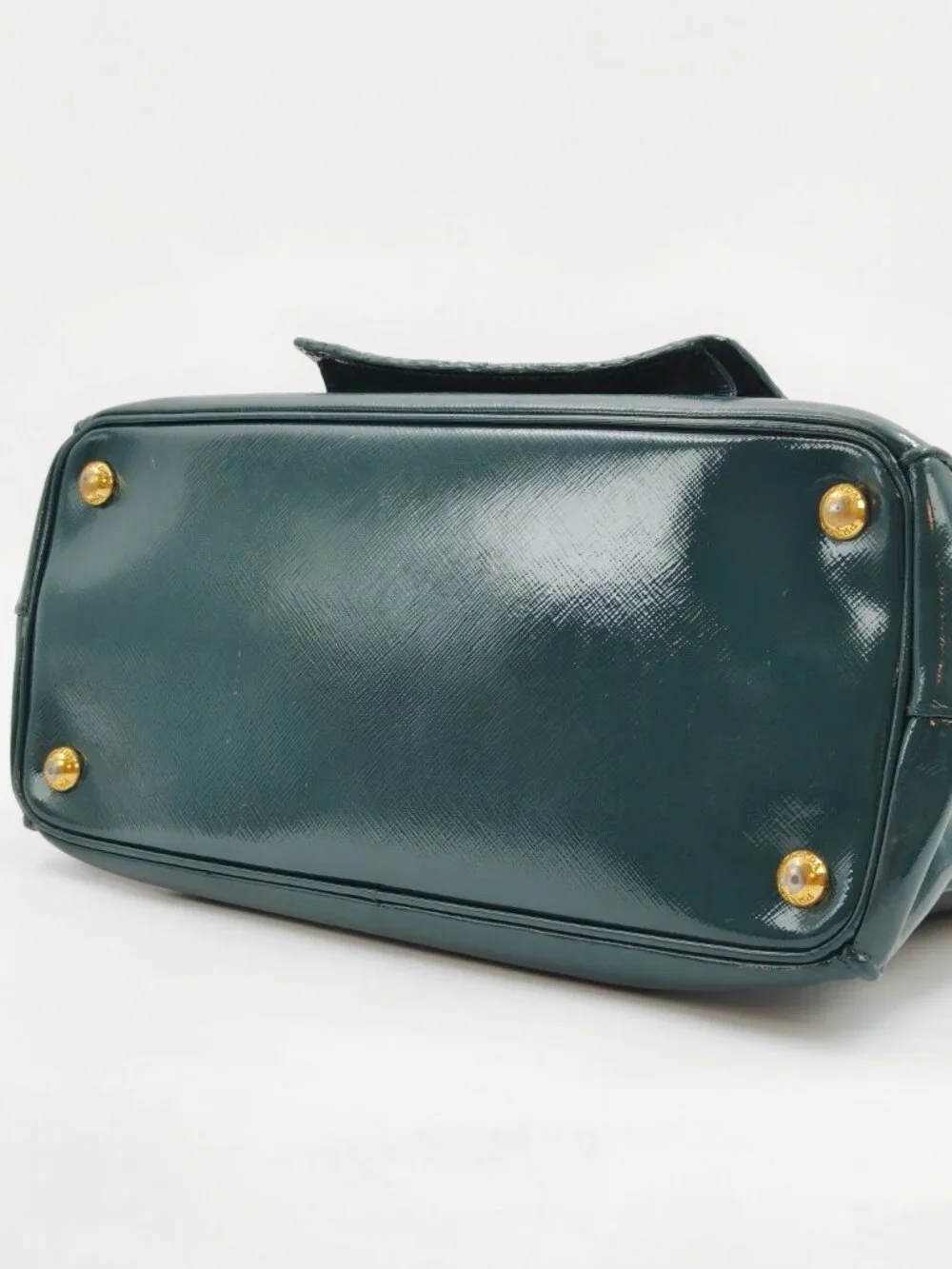 PRADA Vintage Green Saffiano Patent Leather Top Handle Handbag Gold Hardware